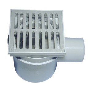 Siphon de sol gris Marley DN 75 avec partie supérieure rotative et grille en plastique.