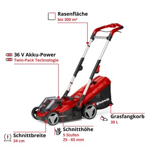 Tagliaerba a batteria Einhell Rasarro GP-CM 36/41 Li-Solo, rosso, con cesto di raccolta.