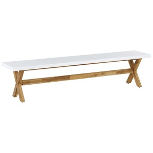 Banc de jardin blanc Beliani Olbia en fibres-ciment et acacia, largeur 200 cm.