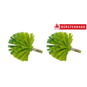 Deux plumeaux verts avec manche télescopique pour le nettoyage.