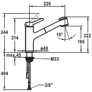 Dessin technique : Mitigeur de cuisine chromé KWC Wamas 2.0 avec douchette extractible, dimensions et raccordements.