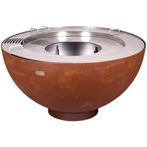 Brasero et barbecue Fireball Pro aspect rouille (Ø 100 cm) avec surfaces de cuisson en acier inoxydable.