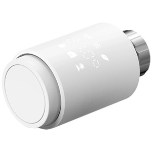 Thermostat de radiateur intelligent Olympia HT-02Y, blanc, avec écran numérique et bouton rotatif argenté pour chauffage.