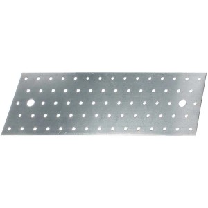 Verzinkte Stahl Lochplatte, 300x100mm, mit vielen kleinen Löchern und zwei größeren Löchern.