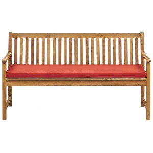 Banc de jardin Vivara en acacia avec coussin rouge foncé, largeur 160 cm.