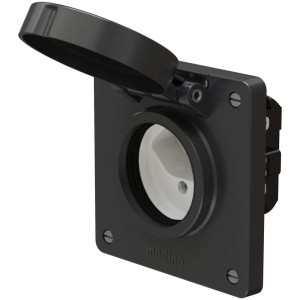 Prise apparente Exo noire Type13 IP55 avec couvercle à charnière ouvert.