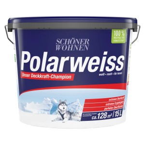 Secchio di pittura per interni Schöner Wohnen Polarweiss, 15L, opaca, con husky e iceberg sull'etichetta.