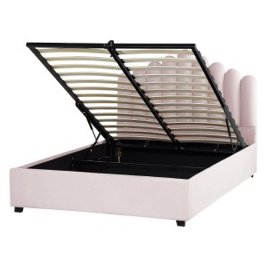 Beliani Bett Vincennes mit Stauraum, Samtstoff Rosa, Lattenrost hochgeklappt.