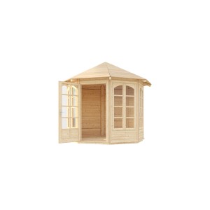 Gazebo ottagonale Weka 234 A Natur in legno con finestre a griglia e porta aperta.