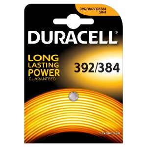 Pila a bottone Duracell 392/384, batteria all'ossido d'argento da 1,5 V per orologi ed elettronica.