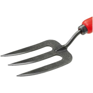 Forchetta da giardino Felco 431 con tre rebbi e manico rosso.