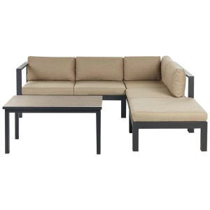 Ensemble de canapé d'angle de jardin Beliani Messina, aluminium noir/beige sable avec table. Salon de jardin.