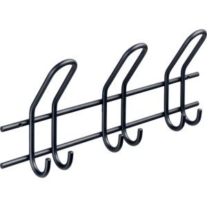 Schwarze Hettich Garderobenleiste aus Stahl mit 3 großen und 6 kleinen Haken für Jacken und Accessoires. Ideal für Flur.