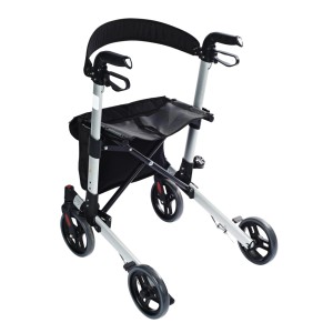 Rollator Ridder Premium 4 roues, argent-noir, avec siège et dossier.