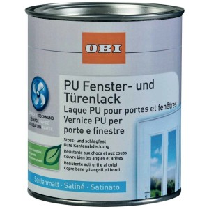 Dose OBI PU-Fenster- und Türenlack, seidenmatt, Weiss, 750ml. Für Innen- und Aussenbereich.