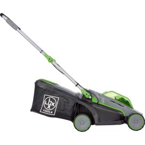 Tagliaerba a batteria LUX-TOOLS con cesto di raccolta, 20 V, ideale per piccoli giardini.