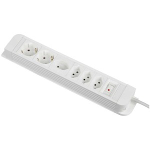Weiße Steckdosenleiste mit 4 T13- und 2 Schutzkontakt-Steckdosen, 1,5 m Kabel.