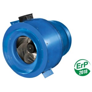 Blauer Rohrventilator radial mit Stahlgehäuse, Ø 100 mm, für geräuscharmes Ableiten von Abluft.