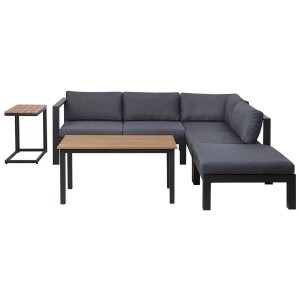 Ensemble lounge Beliani Messina 5 places, noir avec coussins gris foncé, canapé d'angle, table et table d'appoint.