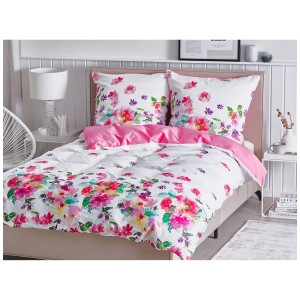 Set biancheria da letto Larynhill con motivo floreale bianco-rosa, raso di cotone, matrimoniale (155x200 cm).