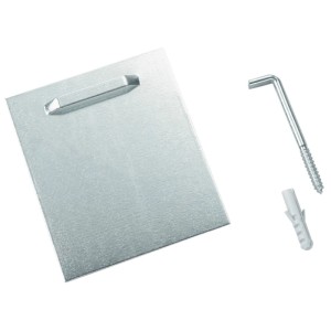 Kit de fixation de miroir avec plaque adhésive, vis et cheville pour une installation facile.