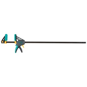 Serre-joint une main Wolfcraft EHZ Pro 100-915, outil de serrage avec poignée gris-turquoise et rail noir.