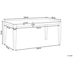 Schéma de la table de salle à manger Beliani Lottie en noyer foncé avec dimensions.