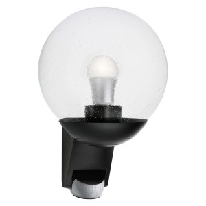 Applique d'extérieur noire Steinel L 585 avec détecteur de mouvement et globe en verre transparent rond. Luminaire mural pour l'extérieur.