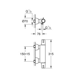 Disegno tecnico del miscelatore termostatico per doccia Grohe Grohtherm Special con dimensioni.