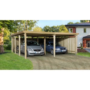 Doppio posto auto Weka 618 Gr. 2 in legno con due auto parcheggiate e tetto in PVC.