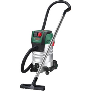 Aspirapolvere Bosch PAS 30-240 PRS, acciaio inox, 1400 W. Verde/argento con serbatoio 30L, tubo e bocchetta.