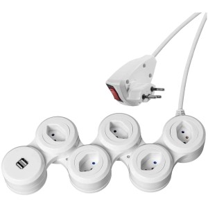 Multiprise Steffen Snake, 5 prises, blanc, avec ports de charge USB et câble de 2m.