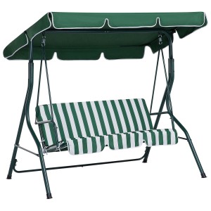 Balancelle de jardin Beliani Chaplin verte avec housse rayée et pare-soleil.