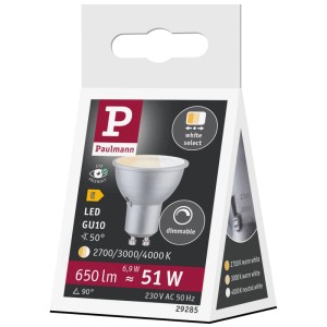 Paulmann LED-Reflektor GU10, matt Chrom, dimmbar. 3 wählbare Lichtfarben (2700K-4000K), 6.9W, 650lm.