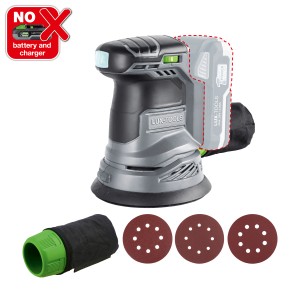 Ponceuse excentrique sans fil LUX A-EXS-20/125 (sans batterie/chargeur) avec sac à poussière et disques abrasifs.