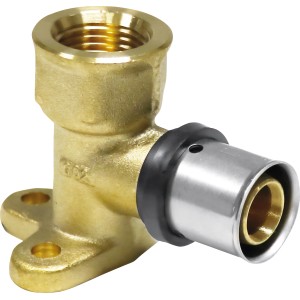 Raccordo a pressare a gomito in ottone 16 mm x Rp 1/2 per impianti di riscaldamento e acqua potabile.