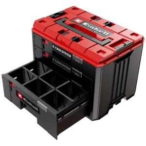Einhell E-Case cassettiera, rosso-nero, con tre cassetti e scatole di assortimento.