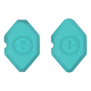Deux lisseurs de joints wolfcraft turquoises pour réparation de joints. Affiche les tailles 5, 10, 6 et 8 mm pour accessoires de carrelage.