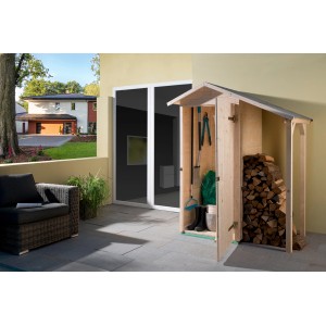 Armoire de terrasse en bois Weka avec toit en pente, idéale pour ranger les outils de jardin et le bois.