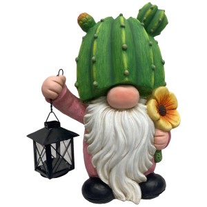 Dekorative Wichtel-Figur mit Kaktushut und Laterne, 39,5 cm hoch, für den Garten.