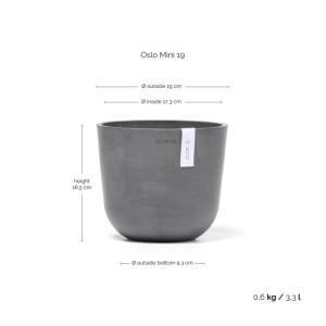 Pot de fleurs gris Ecopots Oslo Mini, 19 cm. Design scandinave pour intérieur et extérieur.