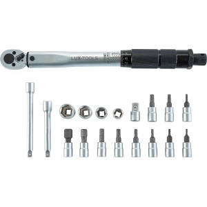 Clé dynamométrique LUX, jeu de 19 pièces, avec douilles, embouts Torx et hexagonaux.