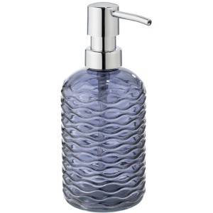Dispenser sapone Wenko Vetro blu scuro rotondo in vetro con motivo a rilievo e pompa cromata.