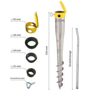 Krinner Bodendübel Kompakt Allround avec accessoires : tige rotative, manchons de réduction et vis de blocage.