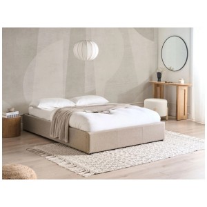 Beliani Bett Dinan, hellbrauner Stoff, 140x200 cm, mit Stauraum. Bettgestell ohne Kopfteil.