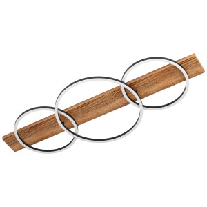 Moderna plafoniera a LED Boyal con 3 anelli in acciaio nero-marrone e legno.