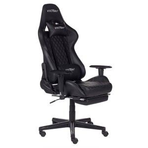 Sedia da gaming nera Beliani Victory in ecopelle con poggiapiedi e schienale regolabile.