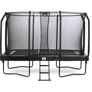 Trampolino da giardino nero Salta First Class (366x214cm) con rete di sicurezza e scala.