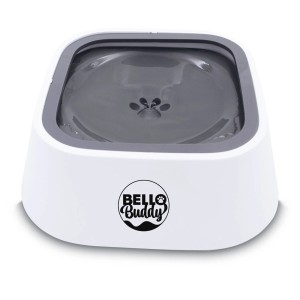 Gamelle d'eau pour chien Bello Buddy blanche avec plaque flottante anti-éclaboussures.