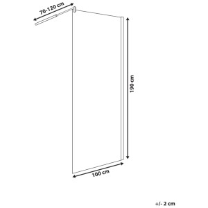 Dessin technique de la paroi de douche Beliani Ahaus 190x100 cm. Montre panneau verre, profil, barre de support 70-120 cm.